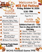An autumn-themed promotional graphic titled "Welcome to WCE Fall Festival" for Friday, October 16, 2026, from 5:30-7 PM at West Central Elementary. The flyer lists outside activities (such as Trunk or Treat, Haunted Bus, and Karaoke) and inside activities